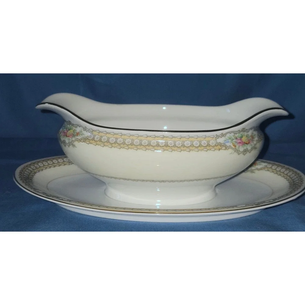 Noritake China Rodista 590 Gravy Boat Attached Underplate Vintage Japan Gold